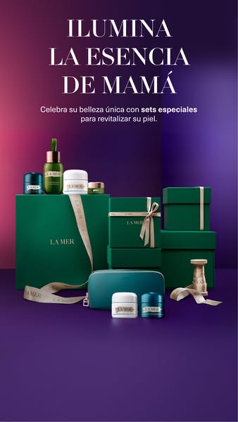This ad for La Mer promotes its beauty sets as a gift for moms, emphasizing unique beauty and skin revitalization.