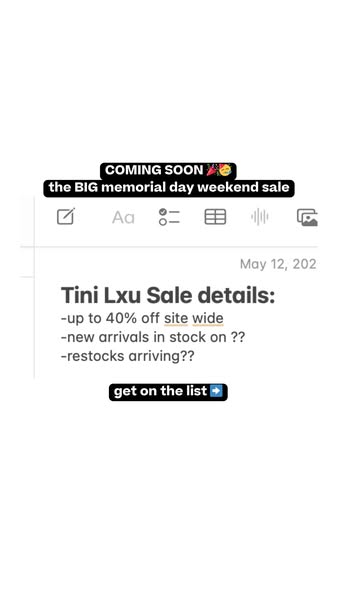 This ad is announcing a coming soon sale from the brand Tini Lxu that is up to 40% off site wide and includes new arriva