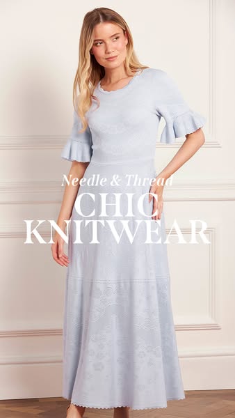 This image ad showcases a light blue knit dress, emphasizing the brand Needle & Thread's chic knitwear collectio