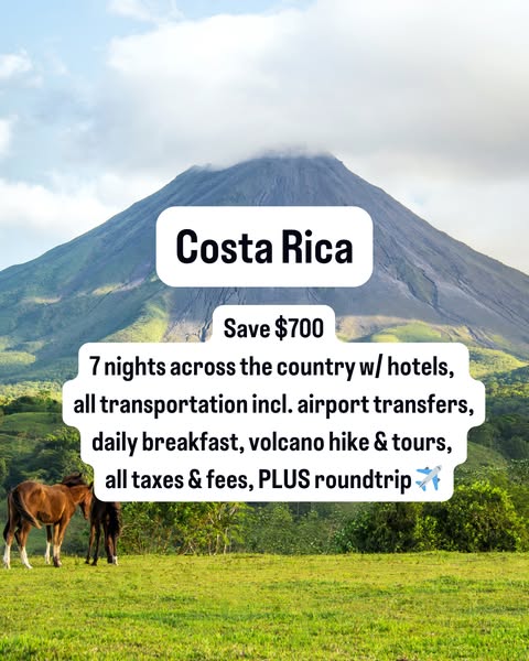 This image ad promotes a travel package to Costa Rica, offering 7 nights across the country with hotels, transportation 