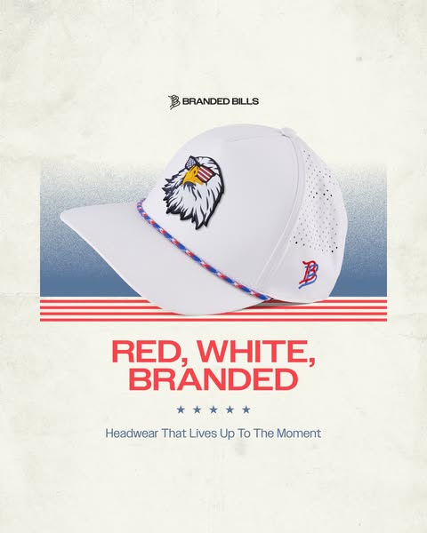 This ad for Branded Bills features a white baseball cap with an eagle design wearing an American flag pattern. The ad ai