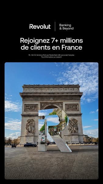 This image ad for Revolut, targeting French customers, showcases the brand's growing popularity with a local landmar