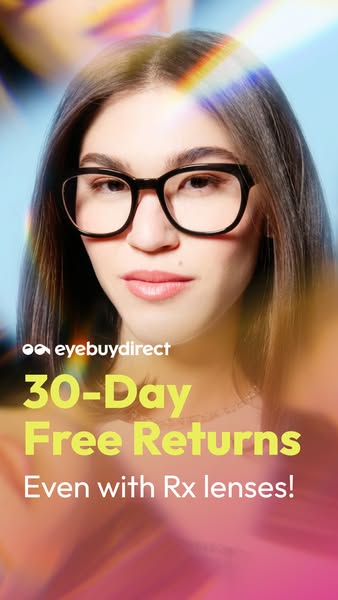 This image ad showcases a woman wearing a pair of black glasses from EyeBuyDirect, emphasizing the brand's offer of 