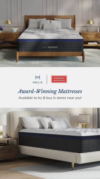 This image ad promotes Helix mattresses in partnership with Midwest Mattress, highlighting the mattresses as award-winni