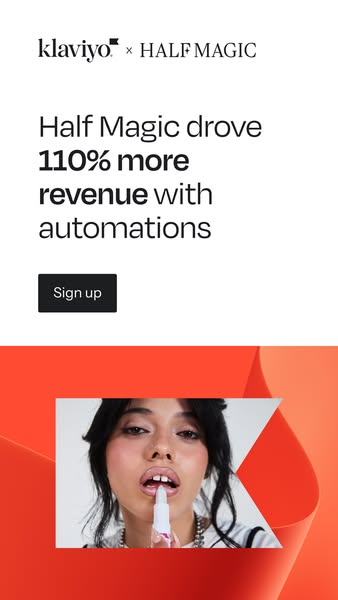 This image ad features a partnership between Klaviyo and Half Magic, highlighting a 110% revenue increase achieved throu