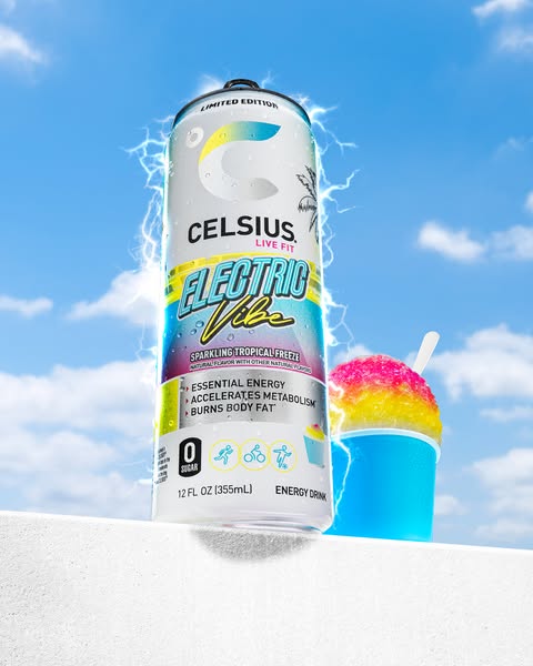 This ad showcases a can of Celsius energy drink in the Electric Vibe flavor next to a snow cone. It highlights the drink