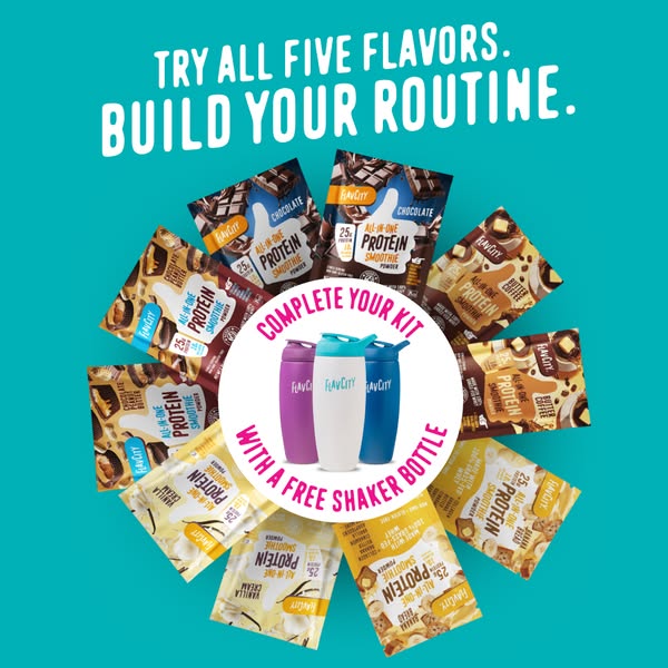 This ad is promoting all five flavors of FlavCity's All-In-One Protein Smoothie Powder with the incentive of a free 