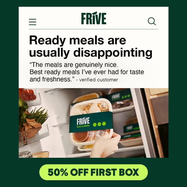 This image ad features a ready meal delivery service called FRÍVE. It opens by stating that "Ready meals are usuall