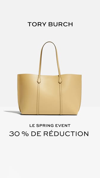 This image ad showcases a tan leather tote bag from Tory Burch with a simple background and a text overlay indicating th