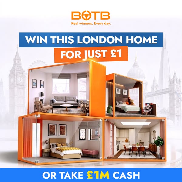 The ad promotes a contest for a chance to win a home in London for just £1 or take £1M cash.