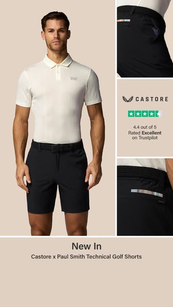 This ad features a man wearing a polo shirt and technical golf shorts and promotes the new Castore x Paul Smith Technica