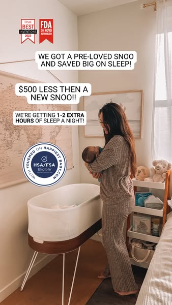 This image ad is focused on selling a pre-loved Snoo, which provides parents with more sleep. The image shows a woman ho