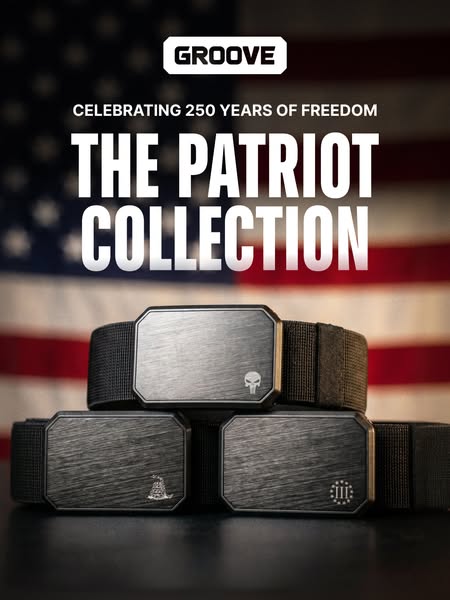 This ad showcases the Patriot Collection of Groove Life belts, celebrating 250 years of freedom. It features a stack of 