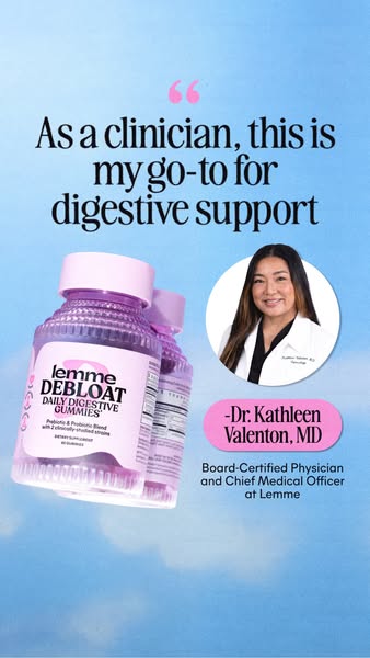 This ad features an endorsement for Lemme Debloat gummies from a board-certified physician who recommends it for digesti
