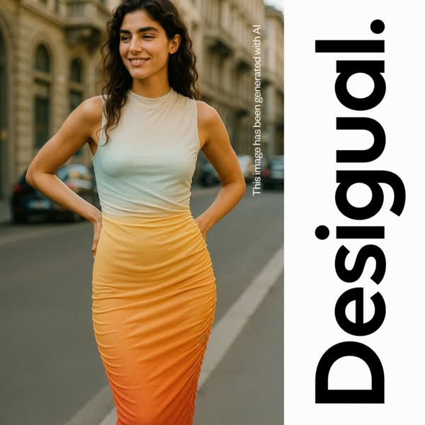 This ad features a woman standing in an outdoor setting, wearing a dress from Desigual. The ad emphasizes the use of AI 
