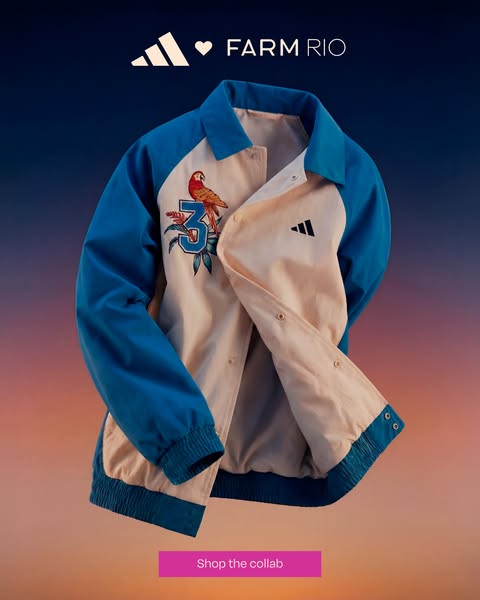 This ad features an Adidas x Farm Rio jacket. The focal point is the jacket itself, displayed against a blurred backgrou
