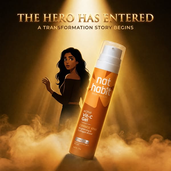 This image ad promotes Nat Habit Active Vit-C Gel with Orange Kiwi, highlighting its brightening and collagen-boosting p