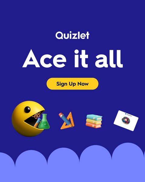 The ad promotes Quizlet as the solution for acing all study topics, represented by the yellow Pac-Man character consumin