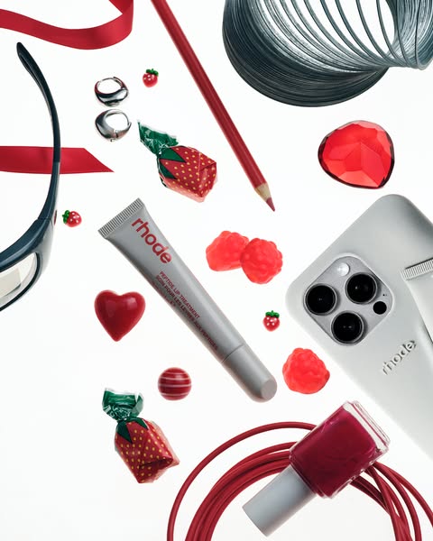 This ad features the Rhode brand and Peptide Lip Treatment product. The image is styled in a flatlay arrangement and the