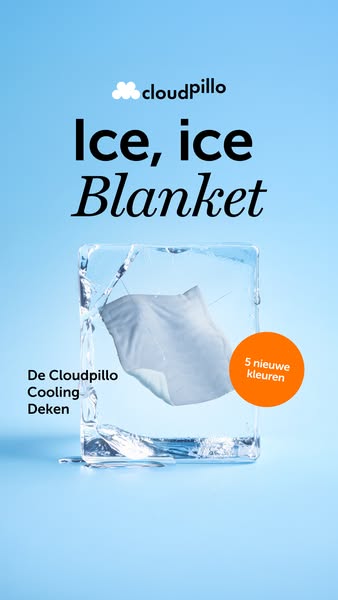 An ad for Cloudpillo's Ice, Ice Blanket features the blanket frozen in a block of ice against a light blue backgroun