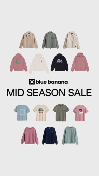 This ad showcases various clothing items from Blue Banana's mid-season sale, arranged in a grid to highlight the ran