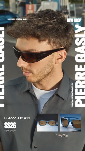This image ad showcases a male model wearing a pair of sunglasses from the Hawkers SS26 collection, designed in collabor