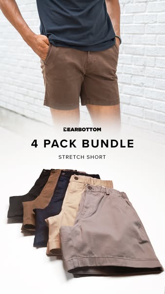 This image ad features a man wearing a pair of brown Dearbottom 'Stretch Short' shorts. Below him are four addit