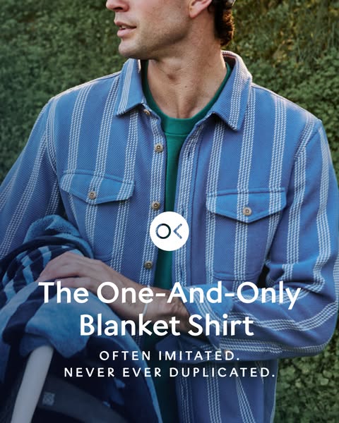 This ad features a man wearing a striped blue "Blanket Shirt." The ad emphasizes the product's unique natu