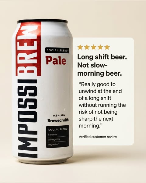 This ad features a can of pale ale being promoted as a good choice for unwinding after a long shift without the risk of 