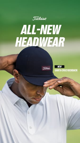 An image ad promoting new headwear by Titleist. The visual features a man wearing a dark blue cap with the Titleist logo