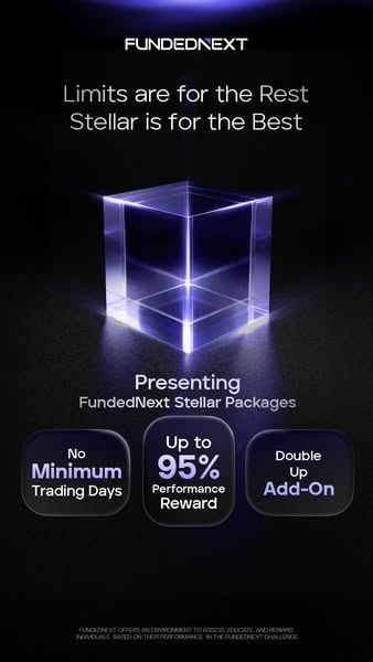 The ad promotes FundedNext Stellar Packages, emphasizing high performance rewards and flexibility with no minimum tradin