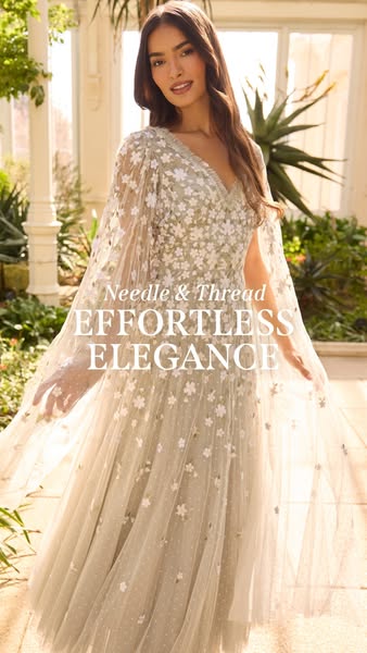 This ad showcases the Needle & Thread brand, highlighting its effortless elegance through an image of a model wearin