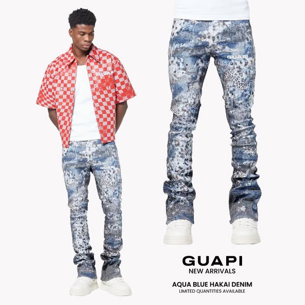 This image ad promotes GUAPI's Aqua Blue Hakai Denim, featuring a model wearing the pants paired with a coordinating