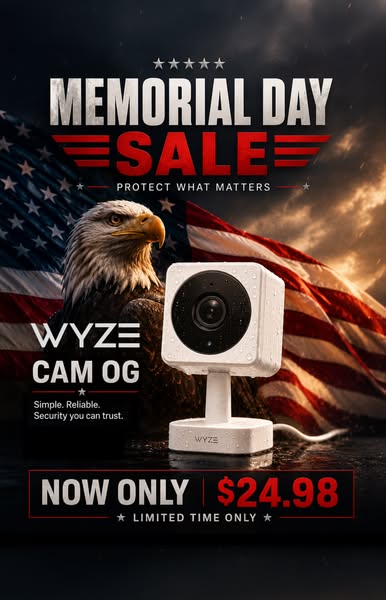 This ad promotes a Wyze Cam OG security camera for a Memorial Day sale price of $24.98.