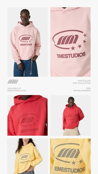 This image ad showcases EMESSTUDIOS hoodies in a grid layout, highlighting the brand's logo and a variety of colors 