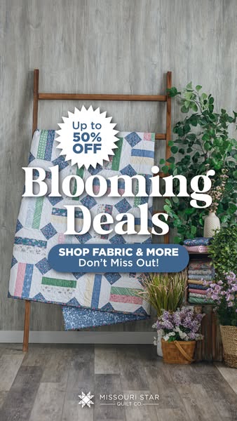 An image ad for Missouri Star Quilt Co. featuring a quilt draped over a wooden ladder.