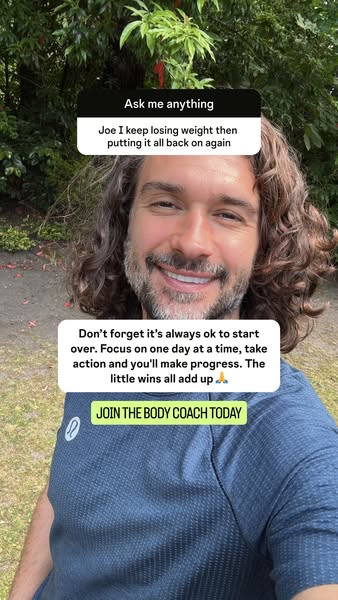 An advertisement for The Body Coach featuring Joe Wicks. It includes a question from a user regarding weight loss and Jo