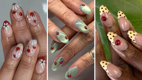 This image is a triptych showcasing three different ladybug nail art designs. Each design is featured on a hand, highlig