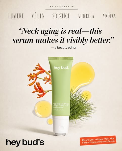 This ad for Hey Bud's neck serum utilizes a beauty editor's testimonial and product shot to promote its anti-agi