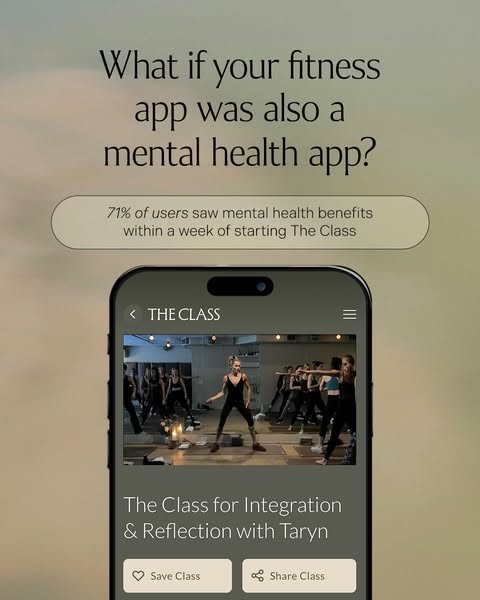 This ad promotes The Class, a fitness app that provides mental health benefits, by displaying a screenshot of the app an