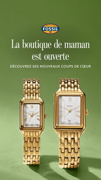 This ad showcases two gold Fossil watches against a green background.