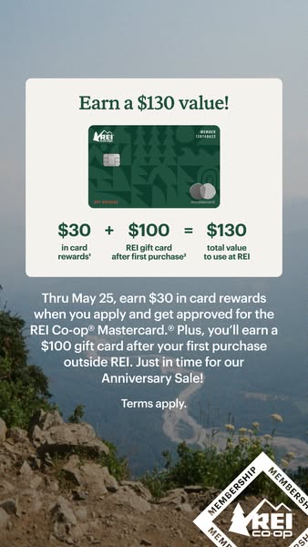 This static image promotes the REI Co-op Mastercard and details the rewards available upon approval and first purchase.