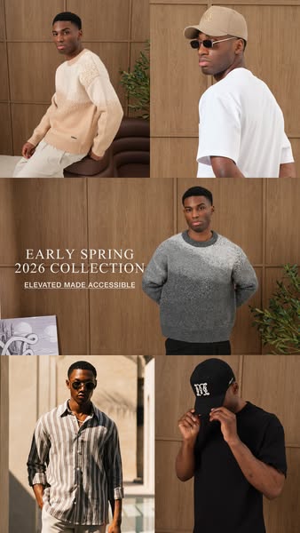 This image ad showcases a new collection of men's clothing from a brand, emphasizing both elevated design and access