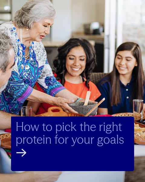 An image of a family gathered around a table with the text overlay 'How to pick the right protein for your goals'