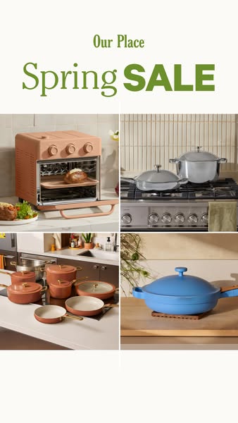 This ad features a vertical image divided into four quadrants, each showcasing different Our Place kitchen products. The