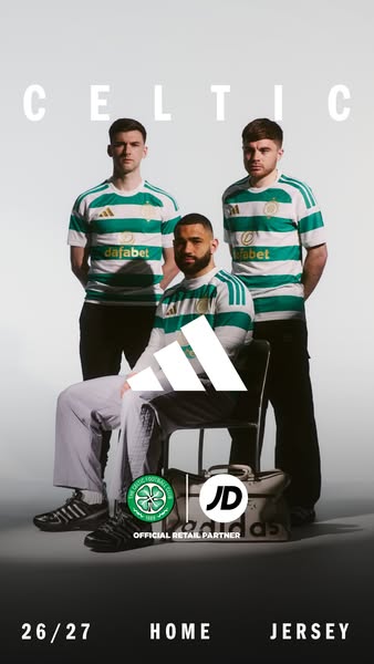 An image showcasing the 2026/27 Celtic home jersey with the Adidas logo. The image features three models, an Adidas logo