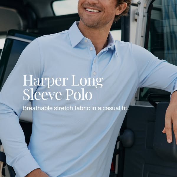 This ad features a man modeling the 'Harper Long Sleeve Polo,' highlighting its breathable stretch fabric and ca