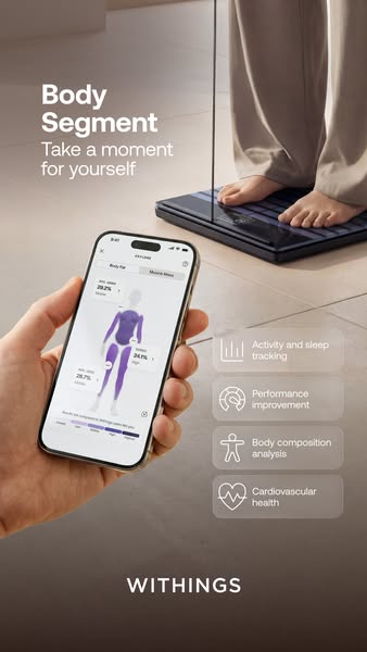 This ad showcases the Withings Body Segment scale and its related app. The ad shows an individual standing on the scale 