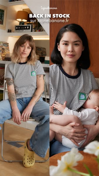 This split screen image ad by Tajinebanane features a back in stock announcement of their striped breastfeeding t-shirt.