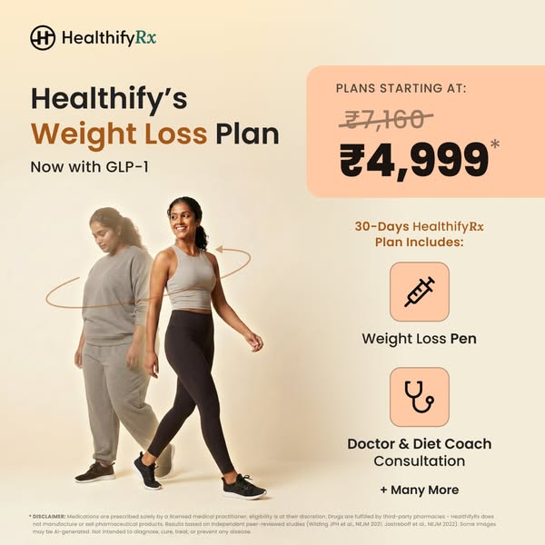 This image ad promotes HealthifyRx's weight loss plan with GLP-1. It features a before-and-after visual, highlightin